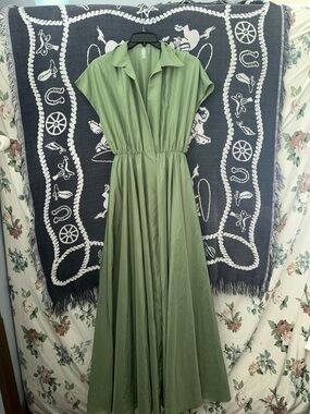Norma Kamali Olive Green Collared Cap-Sleeve Maxi Dress